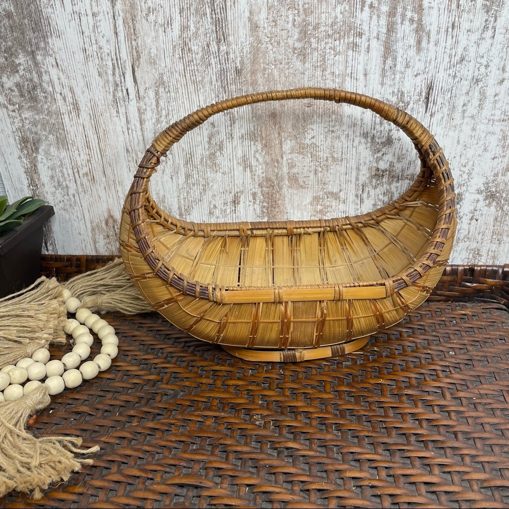Vintage Boho Rattan Basket with handle MCM